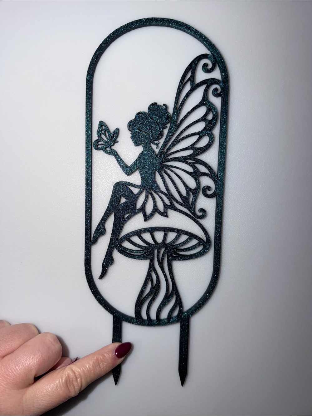 Fairy on a mushroom plant support trellis • midnight magic